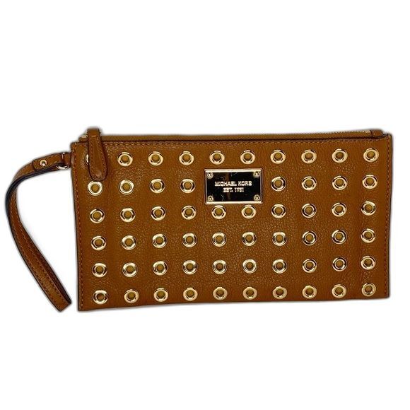 MICHAEL KORS Gold Grommets Camel Brown Wristlet Wallet Phone Case NWOT! - Picture 1 of 5